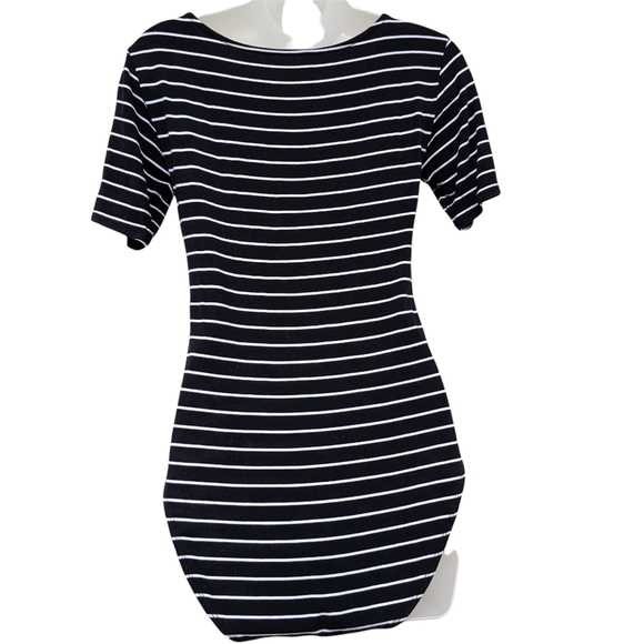 DECREE Body Suit Stripe Black White Criss Cross Plunge Front Short Sleeve Medium - Picture 7 of 7